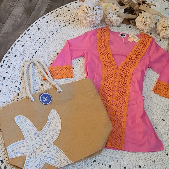 SALE NWOT LG BLUE WHITE STARFISH BEACH BURLAP BAG - Picture 7 of 16